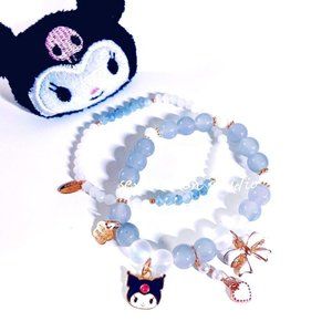 Women's Bracelet Kuromi Bead Stretch Pale Blue & White Beads & Charms Set of 2